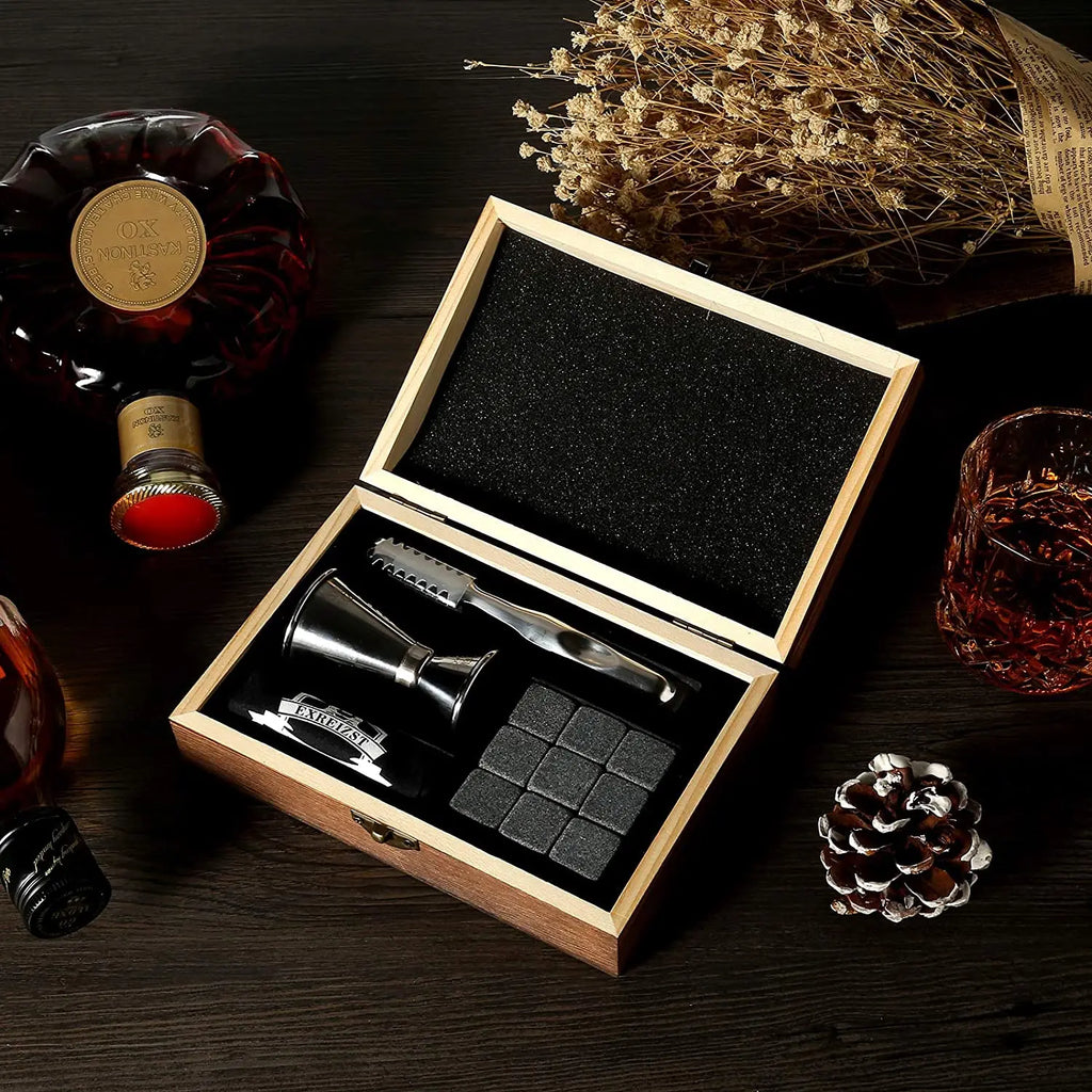 Whiskey Stones Gift Set - 9 Granite Chilling Stones Whisky Rocks - Reusable Ice Cubes With Tongs Stopper - Best Drinking Gift