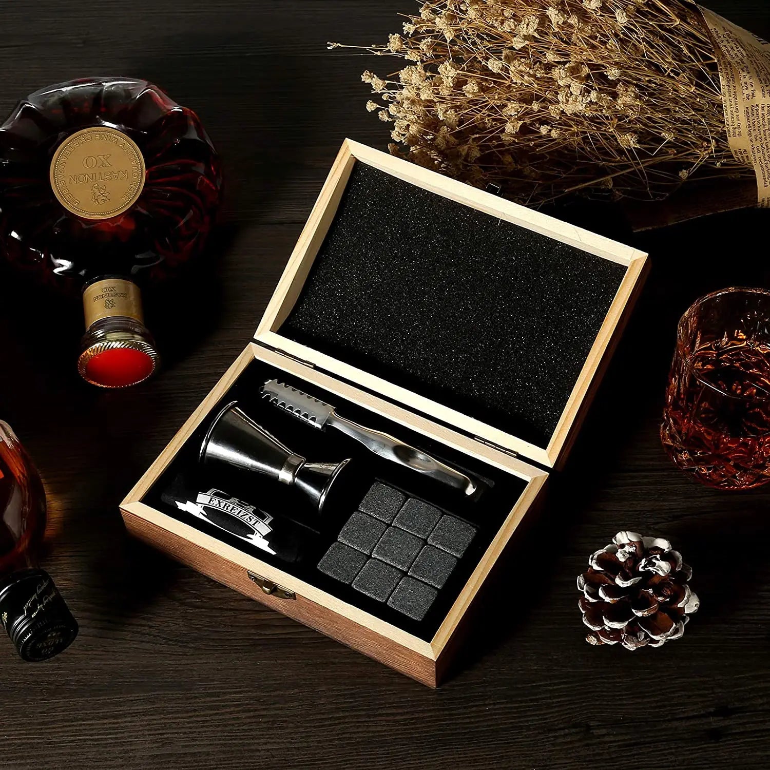 Whiskey Stones Gift Set - 9 Granite Chilling Stones Whisky Rocks - Reusable Ice Cubes With Tongs Stopper - Best Drinking Gift