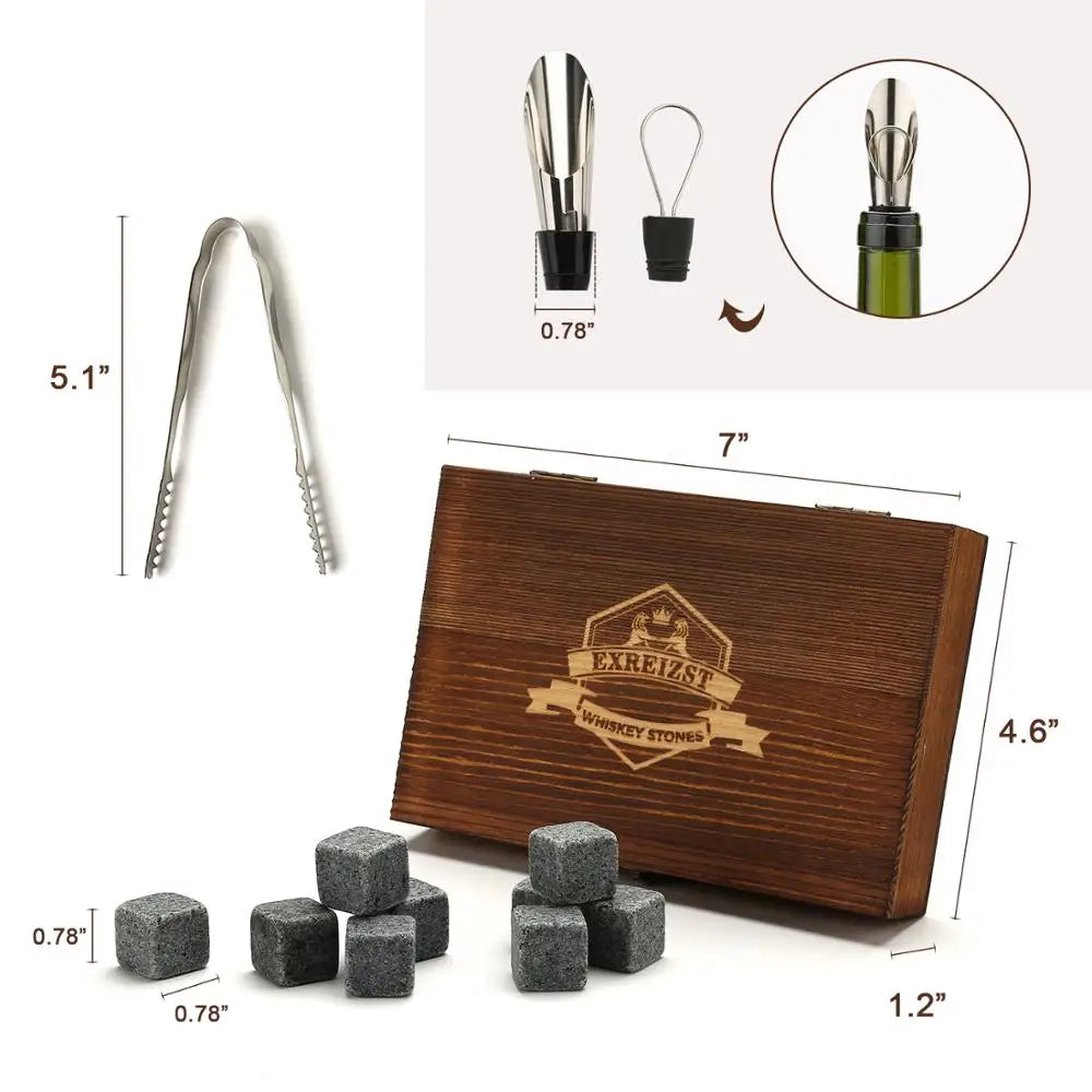 Whiskey Stones Gift Set - 9 Granite Chilling Stones Whisky Rocks - Reusable Ice Cubes With Tongs Stopper - Best Drinking Gift