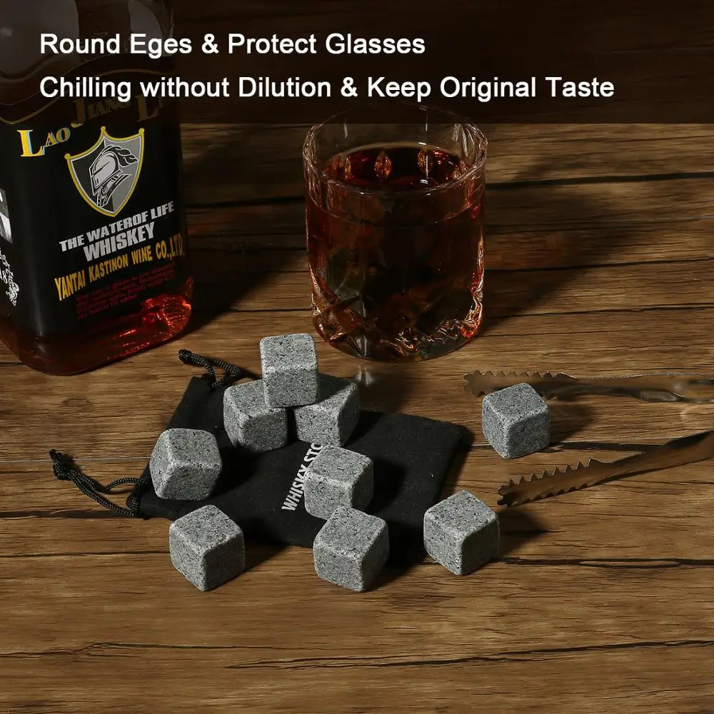 Whiskey Stones Gift Set - 9 Granite Chilling Stones Whisky Rocks - Reusable Ice Cubes With Tongs Stopper - Best Drinking Gift
