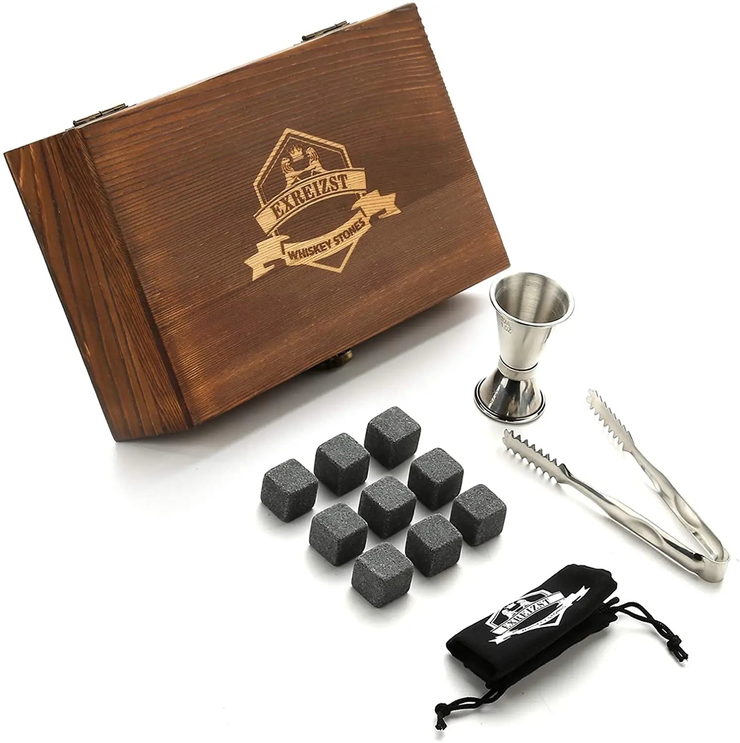 Whiskey Stones Gift Set - 9 Granite Chilling Stones Whisky Rocks - Reusable Ice Cubes With Tongs Stopper - Best Drinking Gift