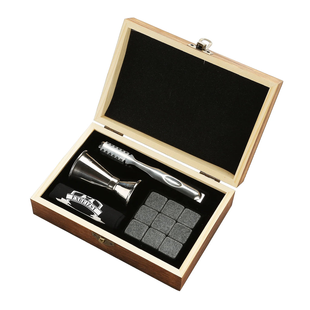 Whiskey Stones Gift Set - 9 Granite Chilling Stones Whisky Rocks - Reusable Ice Cubes With Tongs Stopper - Best Drinking Gift