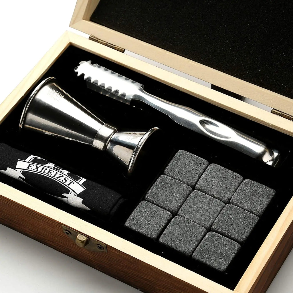 Whiskey Stones Gift Set - 9 Granite Chilling Stones Whisky Rocks - Reusable Ice Cubes With Tongs Stopper - Best Drinking Gift