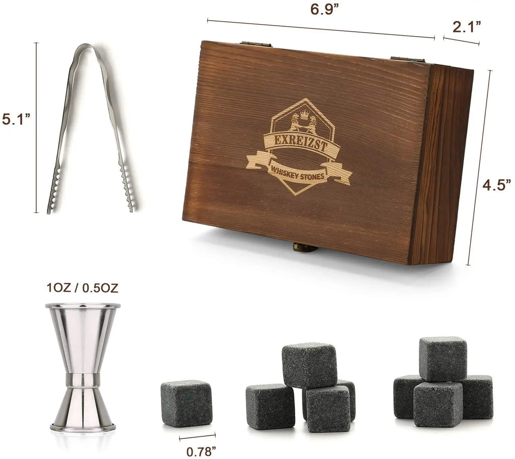 Whiskey Stones Gift Set - 9 Granite Chilling Stones Whisky Rocks - Reusable Ice Cubes With Tongs Stopper - Best Drinking Gift