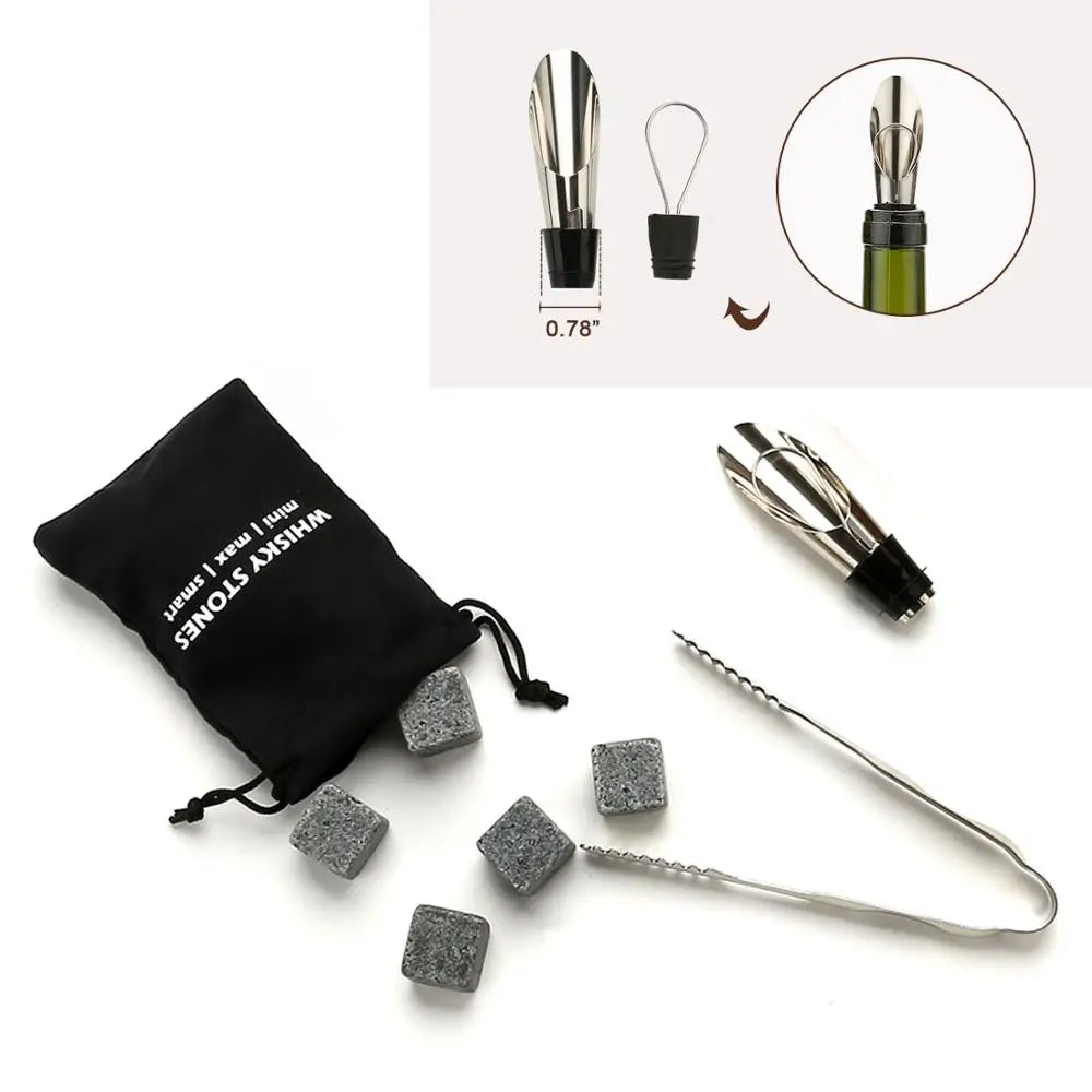 Whiskey Stones Gift Set - 9 Granite Chilling Stones Whisky Rocks - Reusable Ice Cubes With Tongs Stopper - Best Drinking Gift