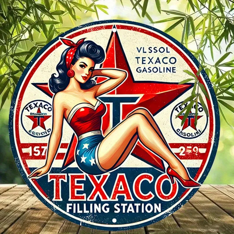 [Durable Build] Vintage Texaco Round Aluminum Sign - Retro Pin-Up Gasoline Metal Tin Wall Art, Rustic Decor for Home, Garage, Di