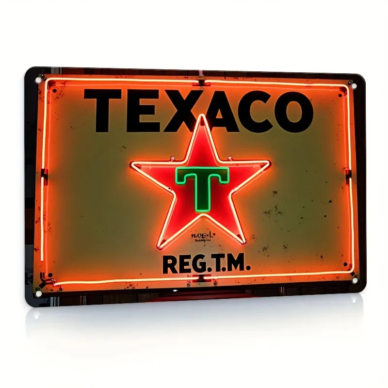 TEXACO REG TM Metal Sign - Retro Neon Wall Decor with Red & Green Star Design, Perfect for Restaurants, Home Theaters, Bars, and