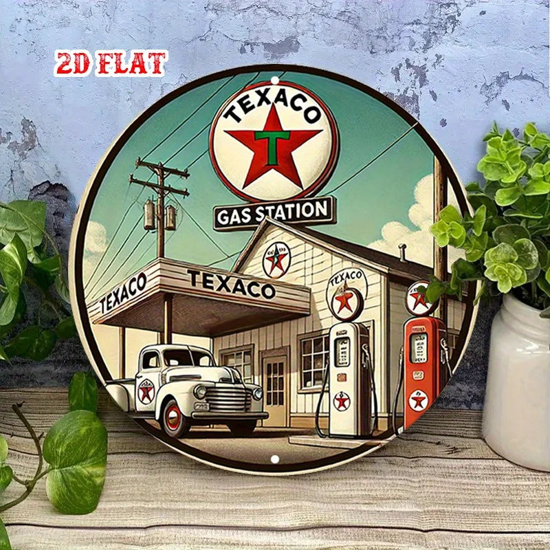2D flat Texaco round aluminum sign, gas station round aluminum sign, wall decoration sign for home, garage, restaurant, and cafe
