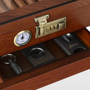 Cigar Humidor, Cedar Wood Cigar Box, Glass Top Desktop Humidor with Front Hygrometer, Humidifier, Divider, Drawer and Lock