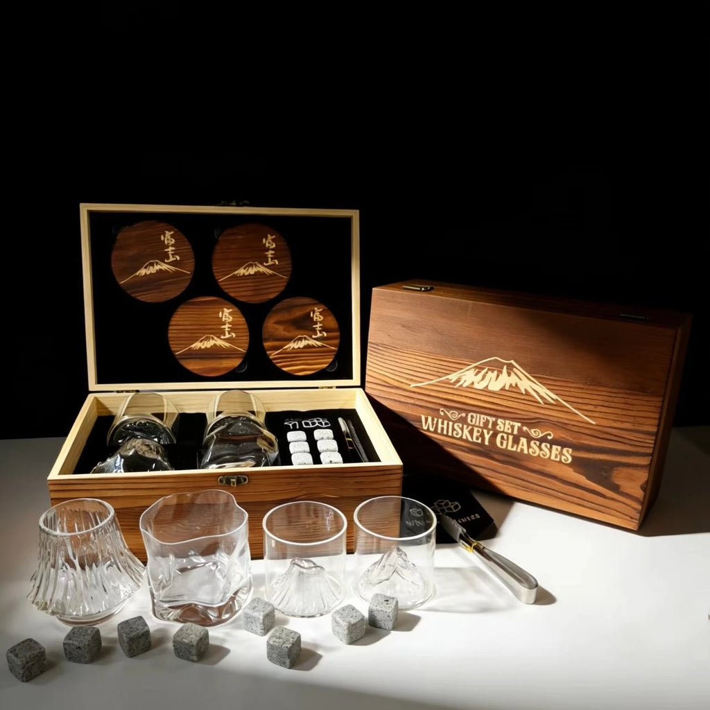 4 Different Designs Japanese Whiskey Cup Set Wine Glass Stone Ice Cube Wood Coaster Best Festival Gift Present For Dad Husband