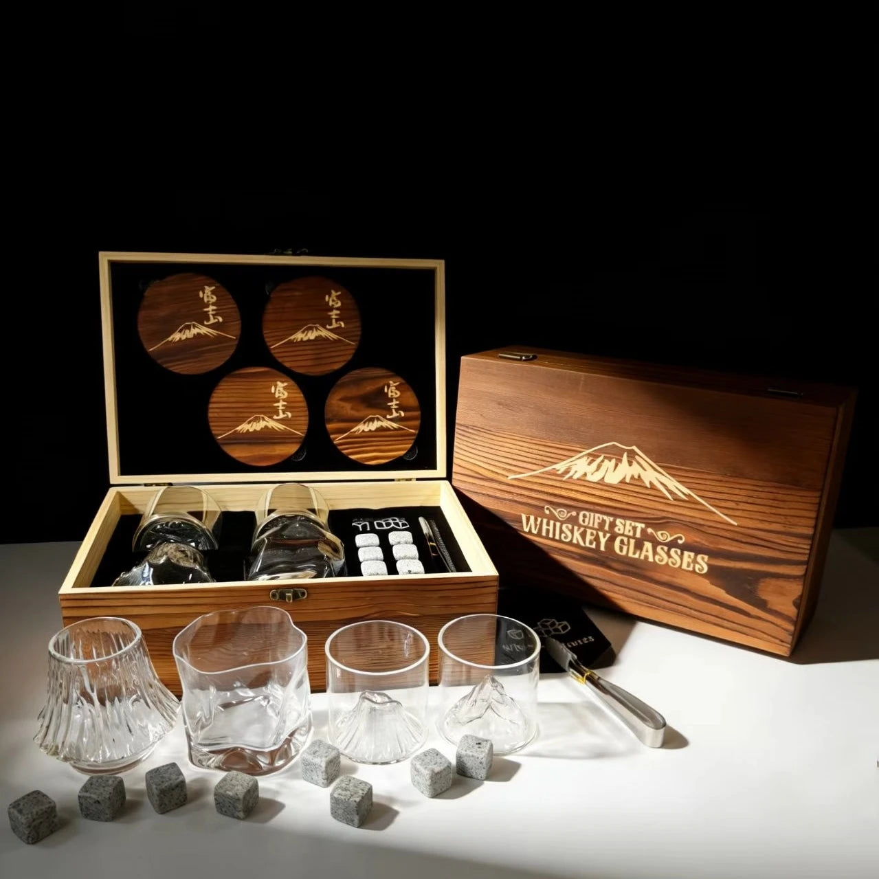 4 Different Designs Japanese Whiskey Cup Set Wine Glass Stone Ice Cube Wood Coaster Best Festival Gift Present For Dad Husband