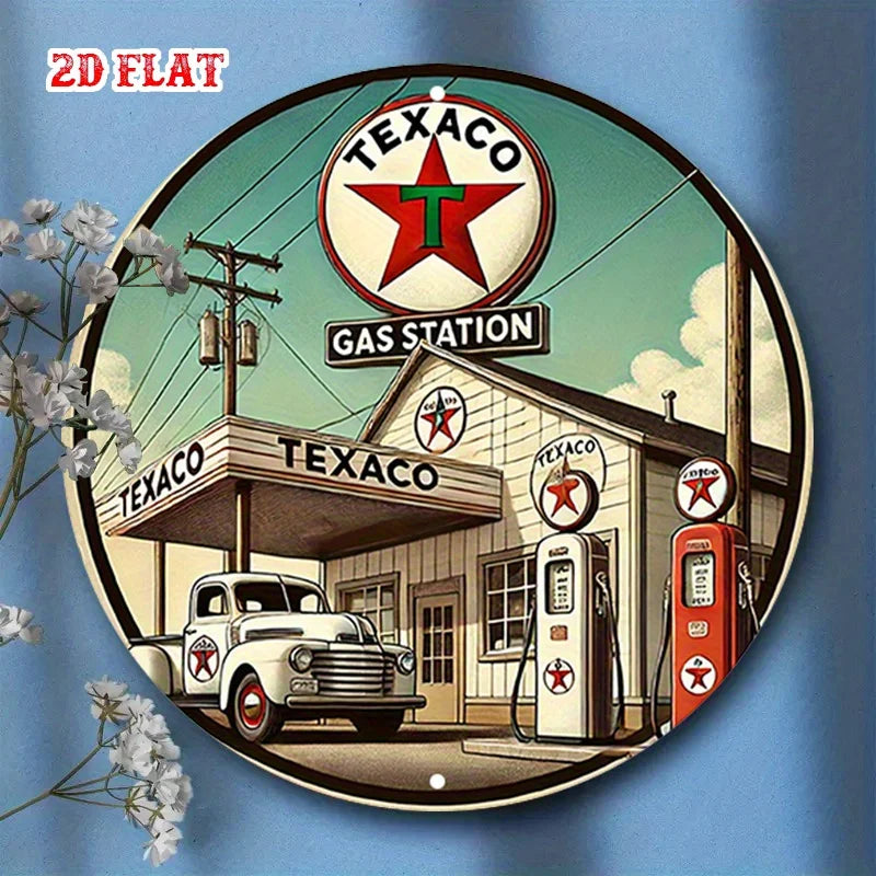 2D flat Texaco round aluminum sign, gas station round aluminum sign, wall decoration sign for home, garage, restaurant, and cafe