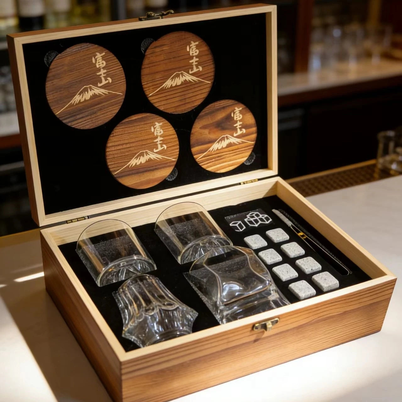 4 Different Designs Japanese Whiskey Cup Set Wine Glass Stone Ice Cube Wood Coaster Best Festival Gift Present For Dad Husband