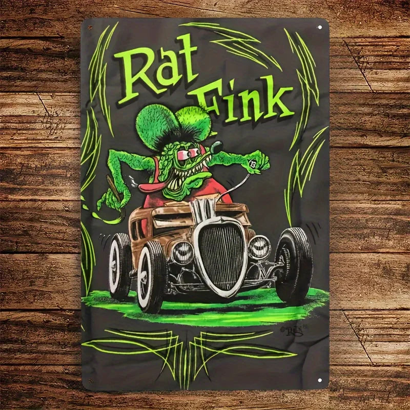 Vintage Rat Fink Metal Wall Art Sign - Classic Hot Rod Character with Green & Black Retro Design - Pre-Drilled   Garage, Bar & f