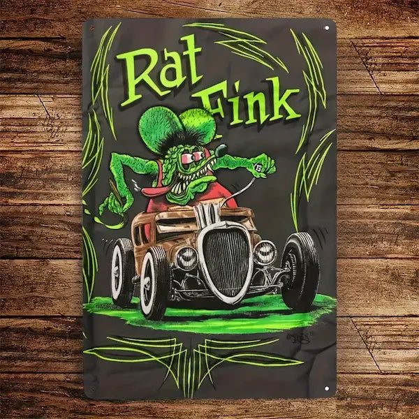 Vintage Rat Fink Metal Wall Art Sign - Classic Hot Rod Character with Green & Black Retro Design - Pre-Drilled   Garage, Bar & f