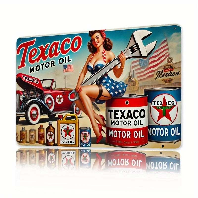 , Texaco Metal Tin Sign, Retro Motor Oil Advertisement Wall Art, Multipurpose Home Decor for Gaming Room, Bar,