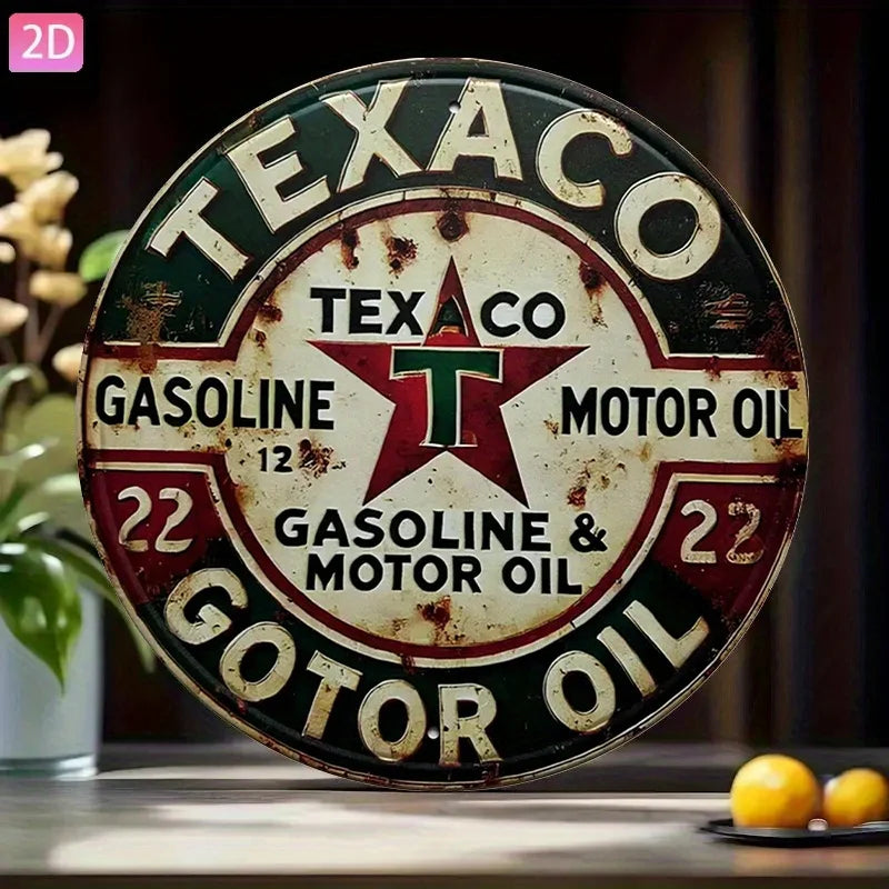 Vintage Texaco Motor Oil Metal Sign - Round Aluminum Wall Decor with Retro Red, White & Green Design for Garage, Kitchen