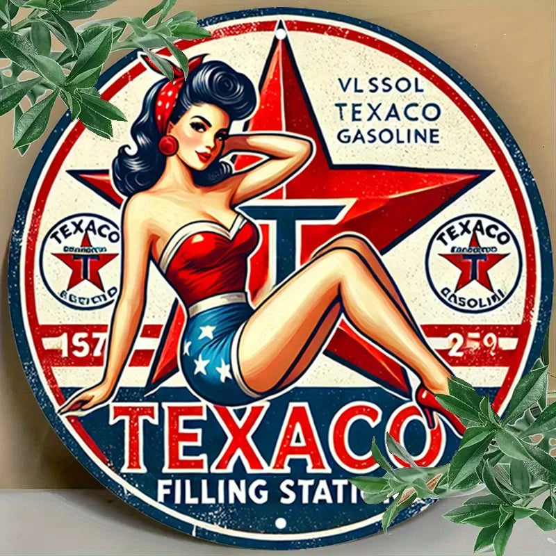 [Durable Build] Vintage Texaco Round Aluminum Sign - Retro Pin-Up Gasoline Metal Tin Wall Art, Rustic Decor for Home, Garage, Di