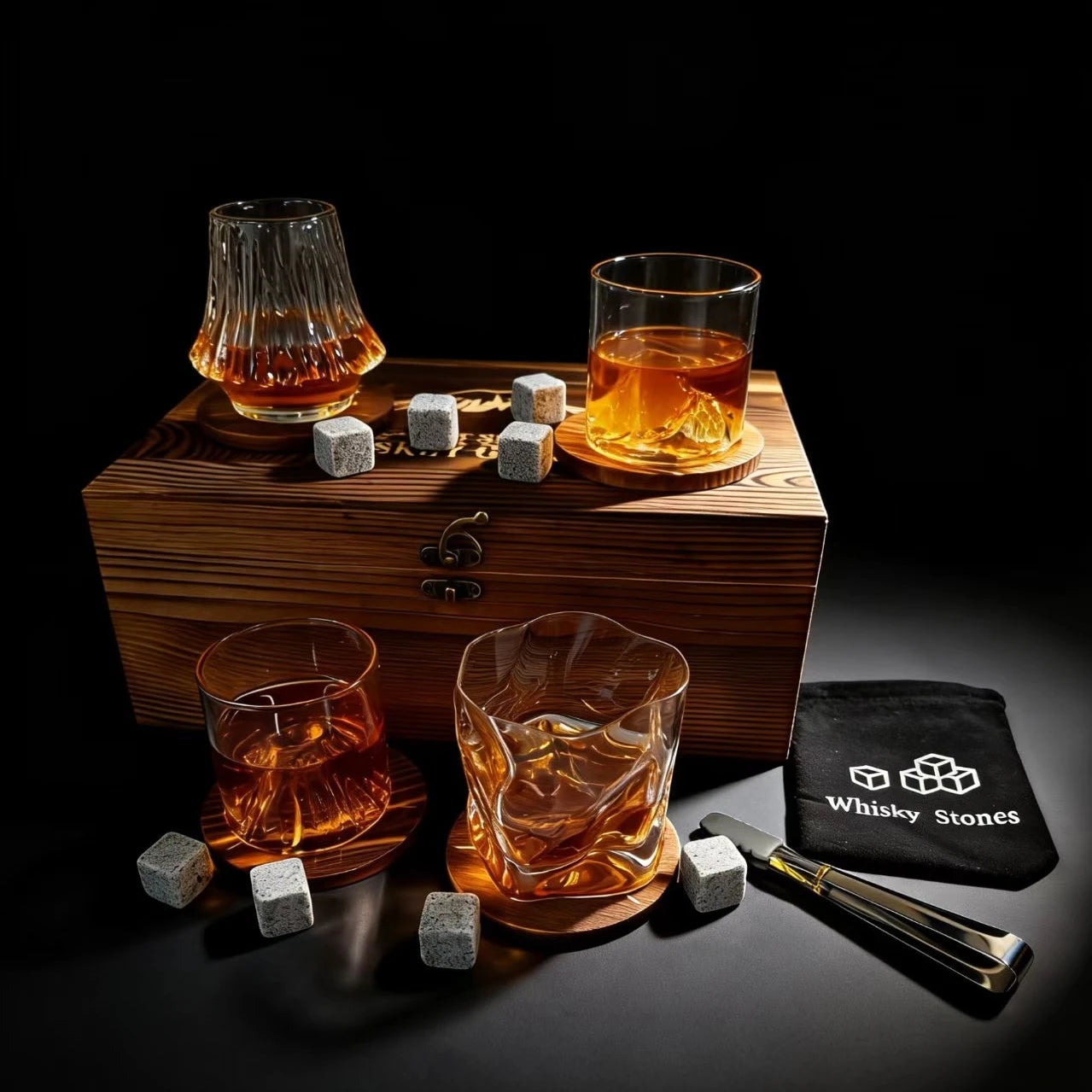 4 Different Designs Japanese Whiskey Cup Set Wine Glass Stone Ice Cube Wood Coaster Best Festival Gift Present For Dad Husband