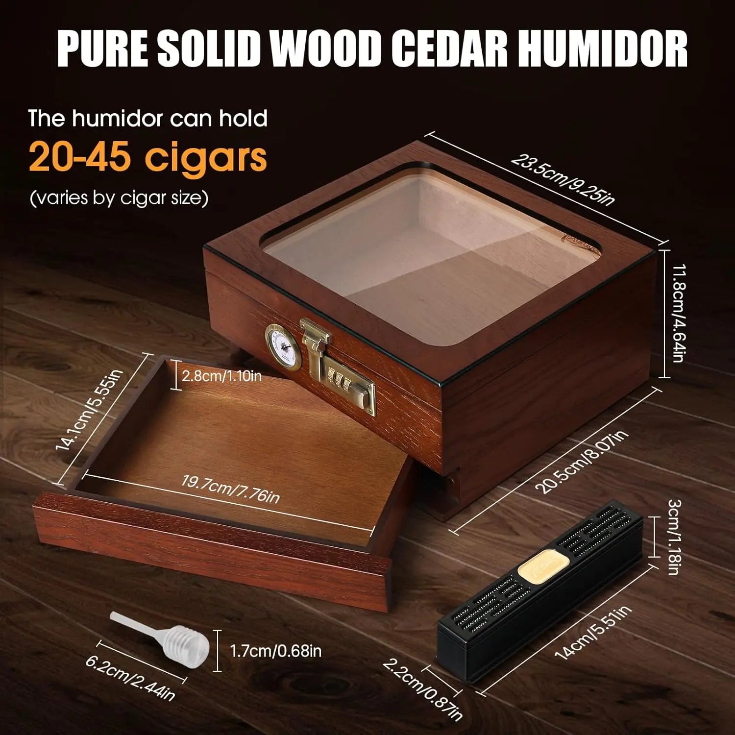 Cigar Humidor, Cedar Wood Cigar Box, Glass Top Desktop Humidor with Front Hygrometer, Humidifier, Divider, Drawer and Lock