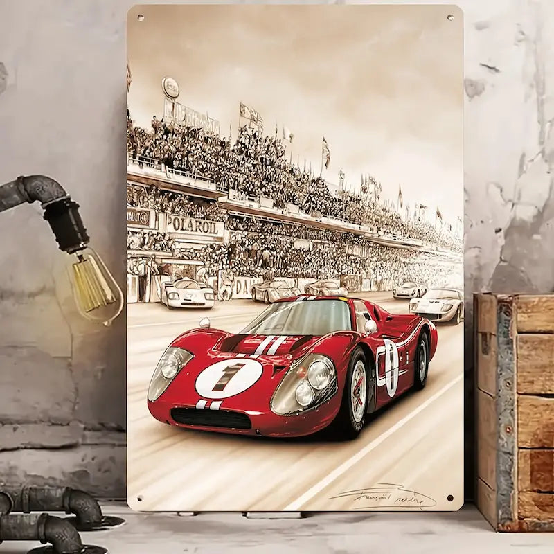 Vintage Racing Car Metal Tin Sign   - Art Deco Style Iron Wall Hanging, Multipurpose Home & Bar Decor Plaque, Retro Automotive T