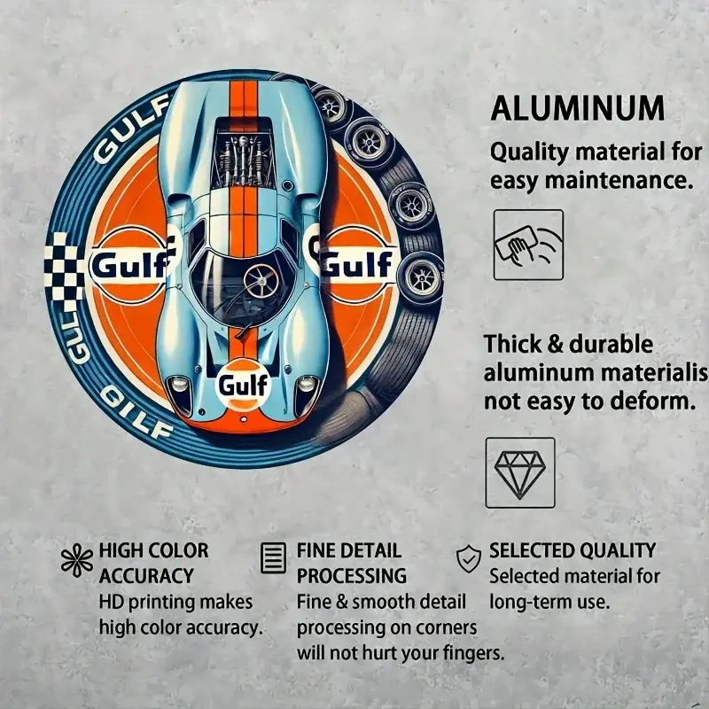 1pc Vintage Gulf Racing Car Metal Tin Sign - Retro Style Wall Art with Blue & Orange Stripes, Aluminum, Perfect for Home, Cafe