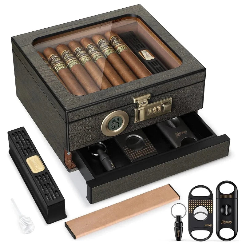 Cigar Humidor, Cedar Wood Cigar Box, Glass Top Desktop Humidor with Front Hygrometer, Humidifier, Divider, Drawer and Lock