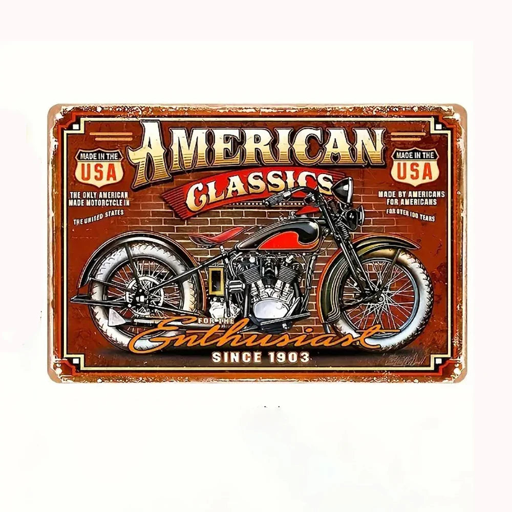 Vintage American Garage Tin Sign  Motorcycle Wall Decor - 8x12 inch Iron Art for Man Cave, Home Bar, and Route 66 Enthusiasts  ﻿