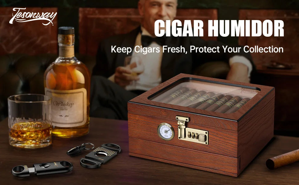 Cigar Humidor, Cedar Wood Cigar Box, Glass Top Desktop Humidor with Front Hygrometer, Humidifier, Divider, Drawer and Lock
