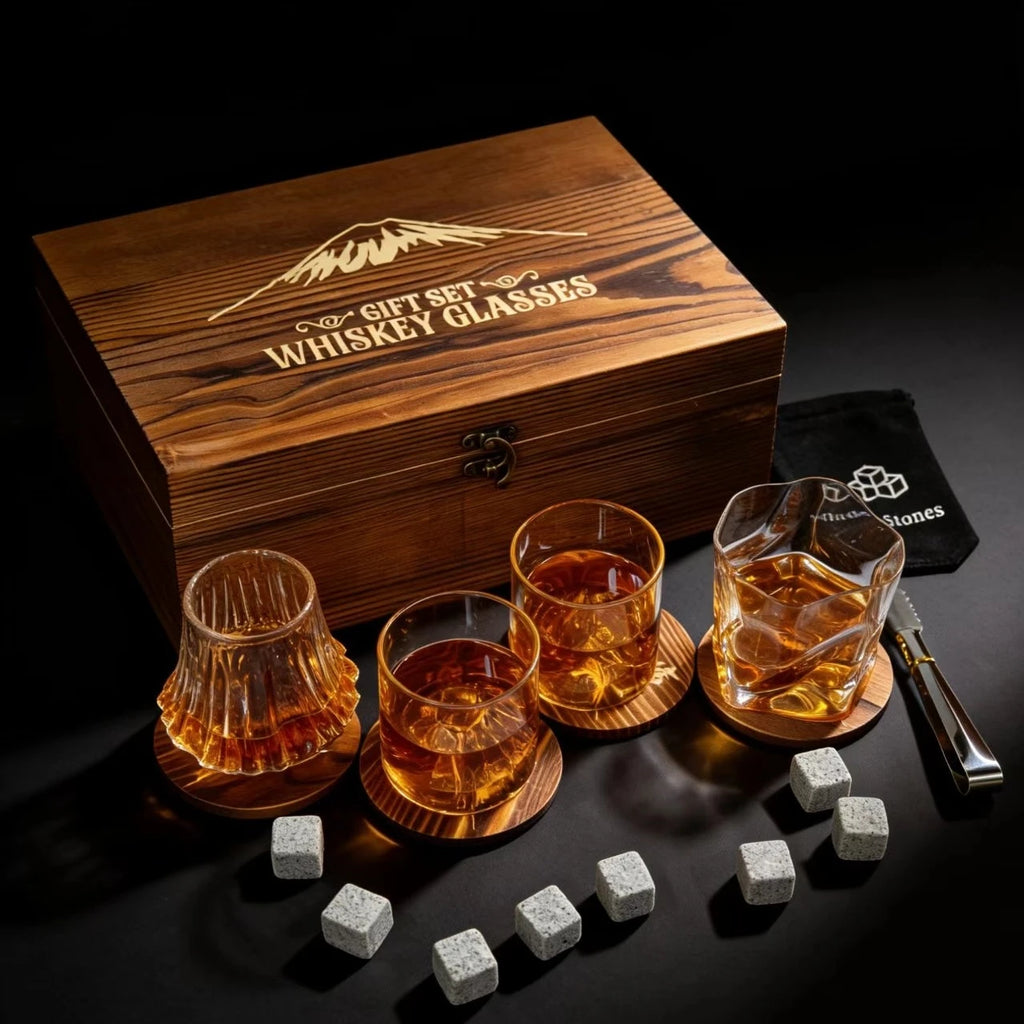 4 Different Designs Japanese Whiskey Cup Set Wine Glass Stone Ice Cube Wood Coaster Best Festival Gift Present For Dad Husband