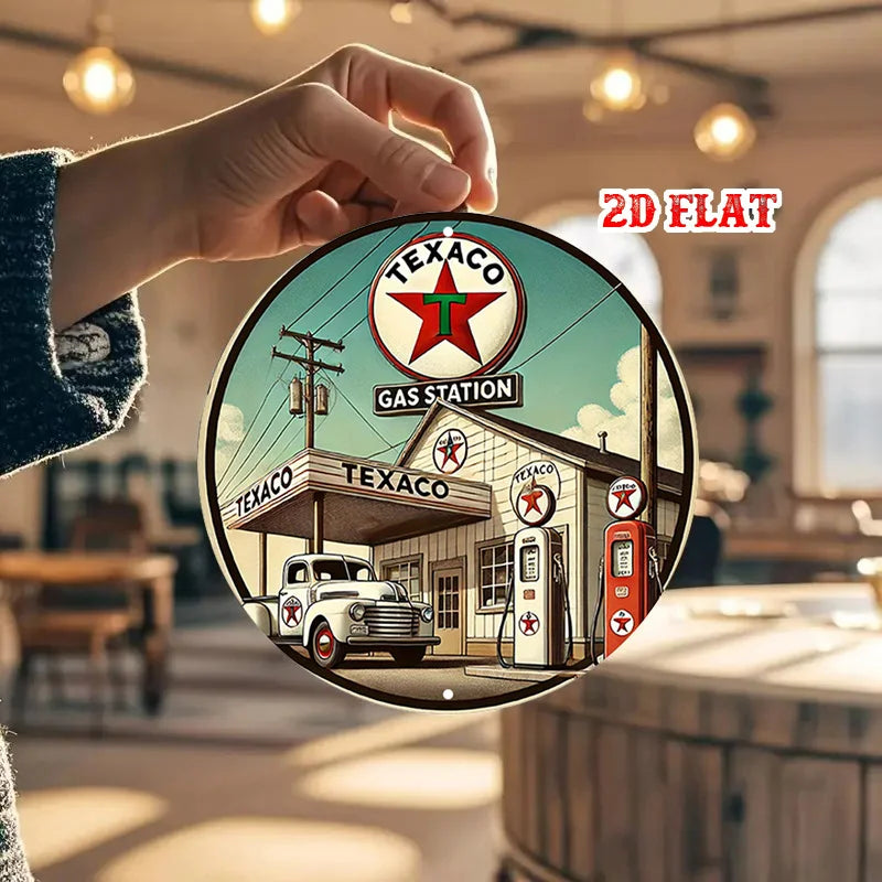 2D flat Texaco round aluminum sign, gas station round aluminum sign, wall decoration sign for home, garage, restaurant, and cafe