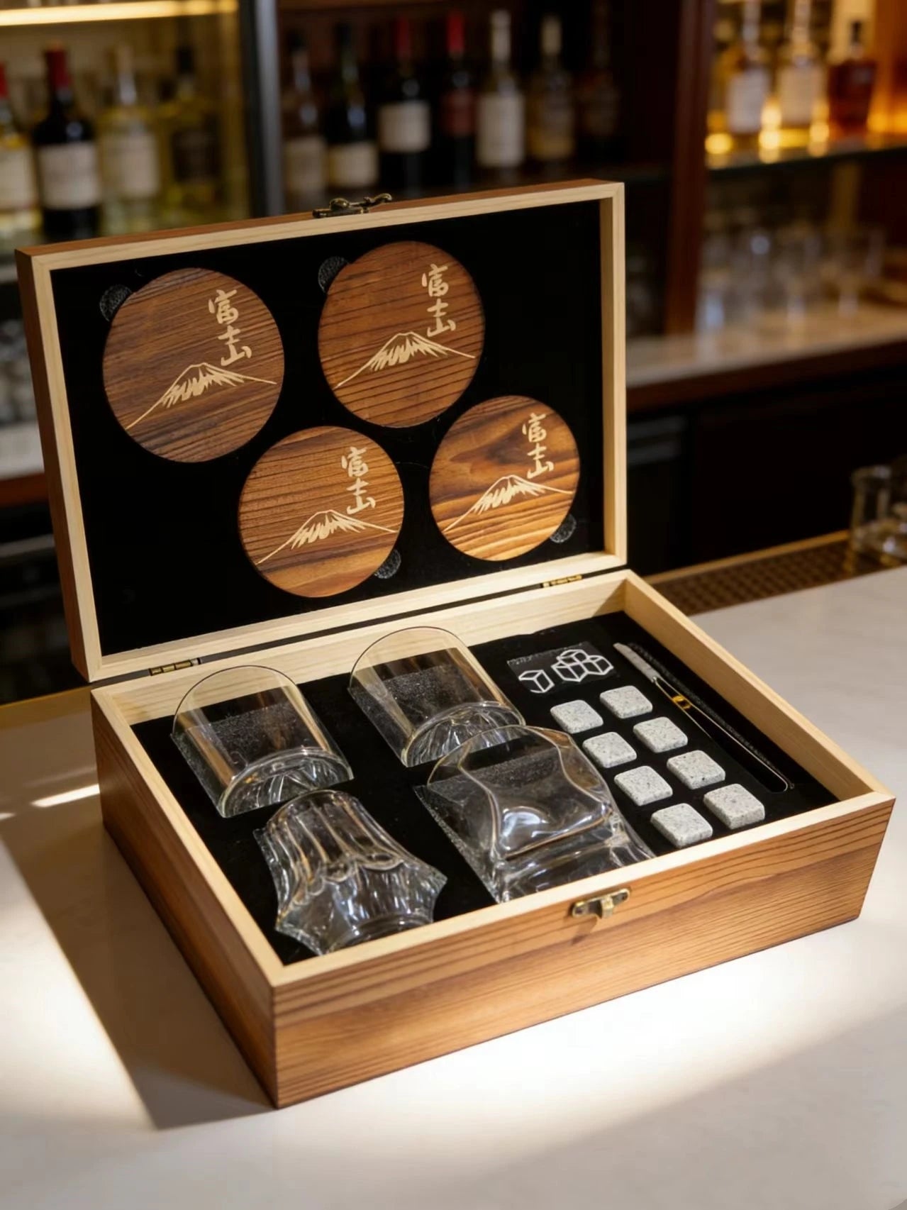 4 Different Designs Japanese Whiskey Cup Set Wine Glass Stone Ice Cube Wood Coaster Best Festival Gift Present For Dad Husband