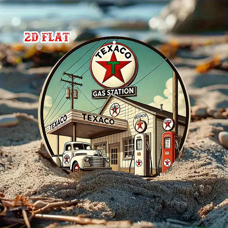 2D flat Texaco round aluminum sign, gas station round aluminum sign, wall decoration sign for home, garage, restaurant, and cafe