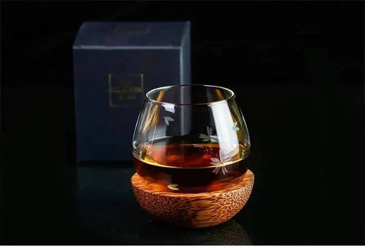 Slow Roll Spherical Whisky Rock Glass Match Wooden Pallet Roly-poly Design Taste Creative Brandy Snifters Whisky Tumbler Holder