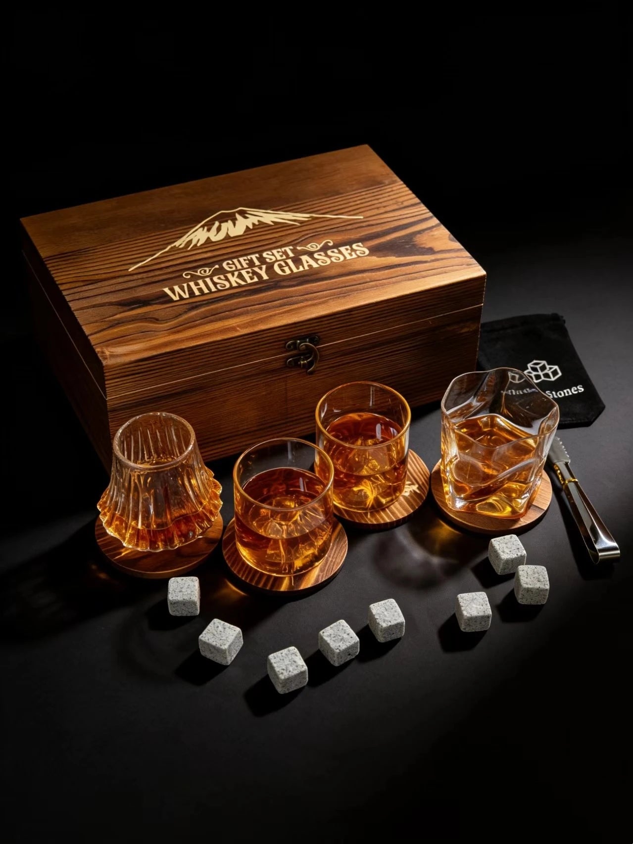 4 Different Designs Japanese Whiskey Cup Set Wine Glass Stone Ice Cube Wood Coaster Best Festival Gift Present For Dad Husband