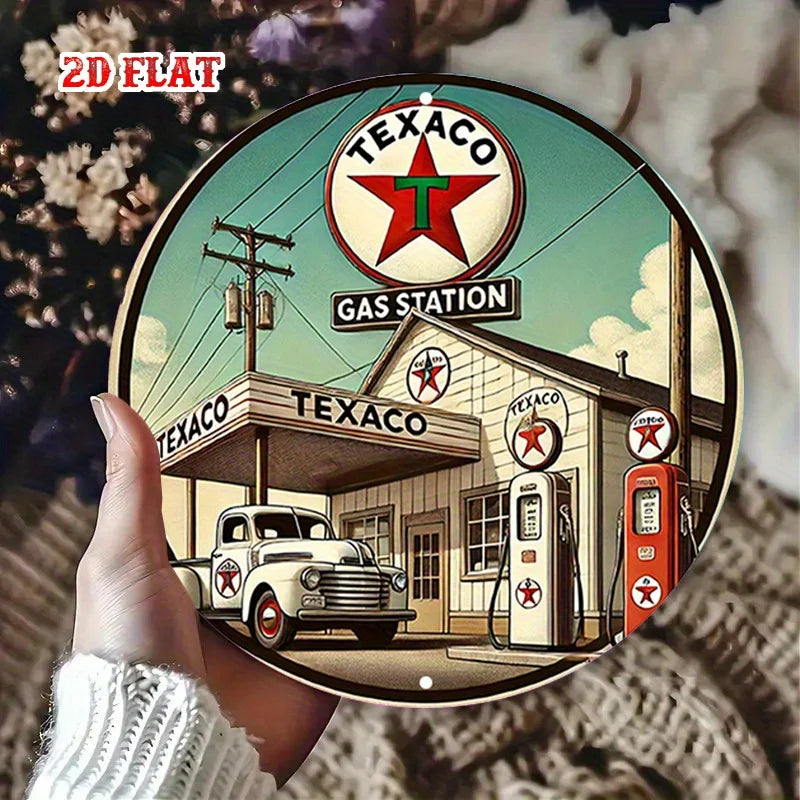 2D flat Texaco round aluminum sign, gas station round aluminum sign, wall decoration sign for home, garage, restaurant, and cafe