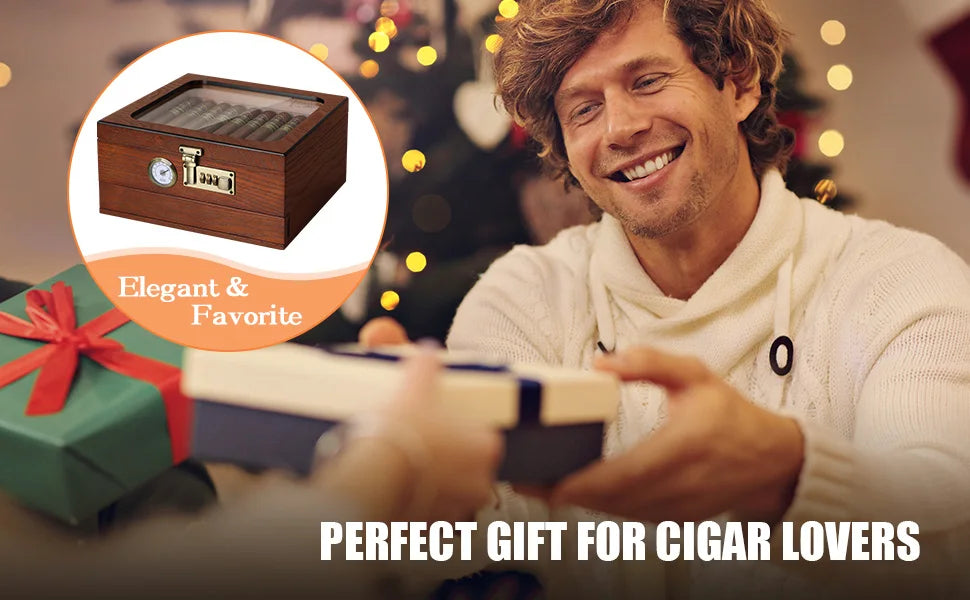 Cigar Humidor, Cedar Wood Cigar Box, Glass Top Desktop Humidor with Front Hygrometer, Humidifier, Divider, Drawer and Lock