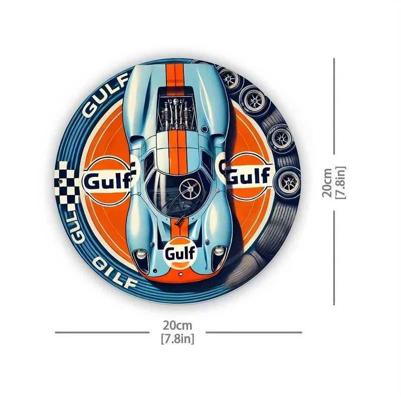 1pc Vintage Gulf Racing Car Metal Tin Sign - Retro Style Wall Art with Blue & Orange Stripes, Aluminum, Perfect for Home, Cafe