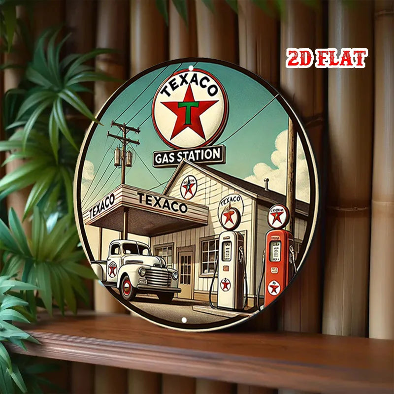 2D flat Texaco round aluminum sign, gas station round aluminum sign, wall decoration sign for home, garage, restaurant, and cafe