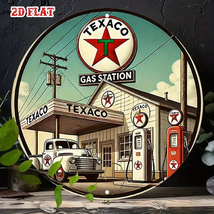 2D flat Texaco round aluminum sign, gas station round aluminum sign, wall decoration sign for home, garage, restaurant, and cafe