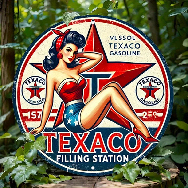 [Durable Build] Vintage Texaco Round Aluminum Sign - Retro Pin-Up Gasoline Metal Tin Wall Art, Rustic Decor for Home, Garage, Di