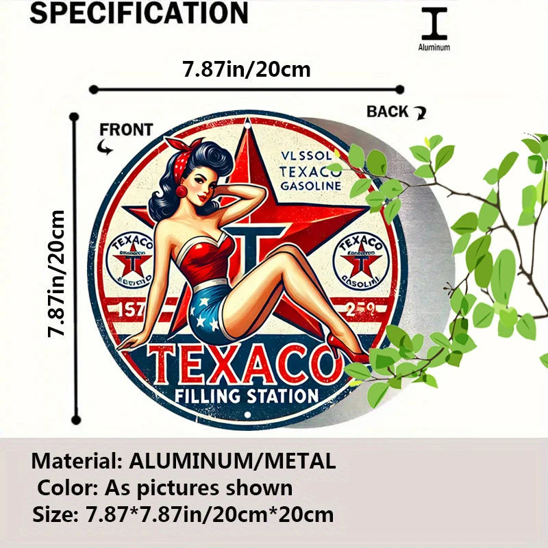 [Durable Build] Vintage Texaco Round Aluminum Sign - Retro Pin-Up Gasoline Metal Tin Wall Art, Rustic Decor for Home, Garage, Di