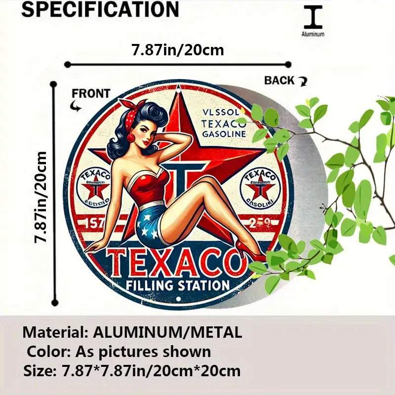 [Durable Build] Vintage Texaco Round Aluminum Sign - Retro Pin-Up Gasoline Metal Tin Wall Art, Rustic Decor for Home, Garage, Di