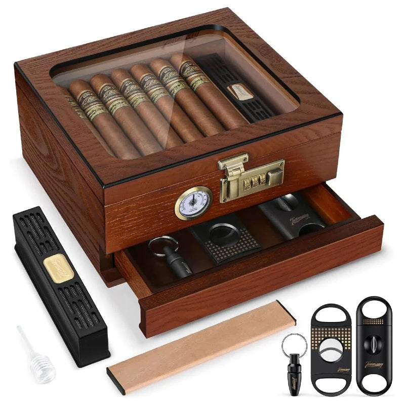 Cigar Humidor, Cedar Wood Cigar Box, Glass Top Desktop Humidor with Front Hygrometer, Humidifier, Divider, Drawer and Lock