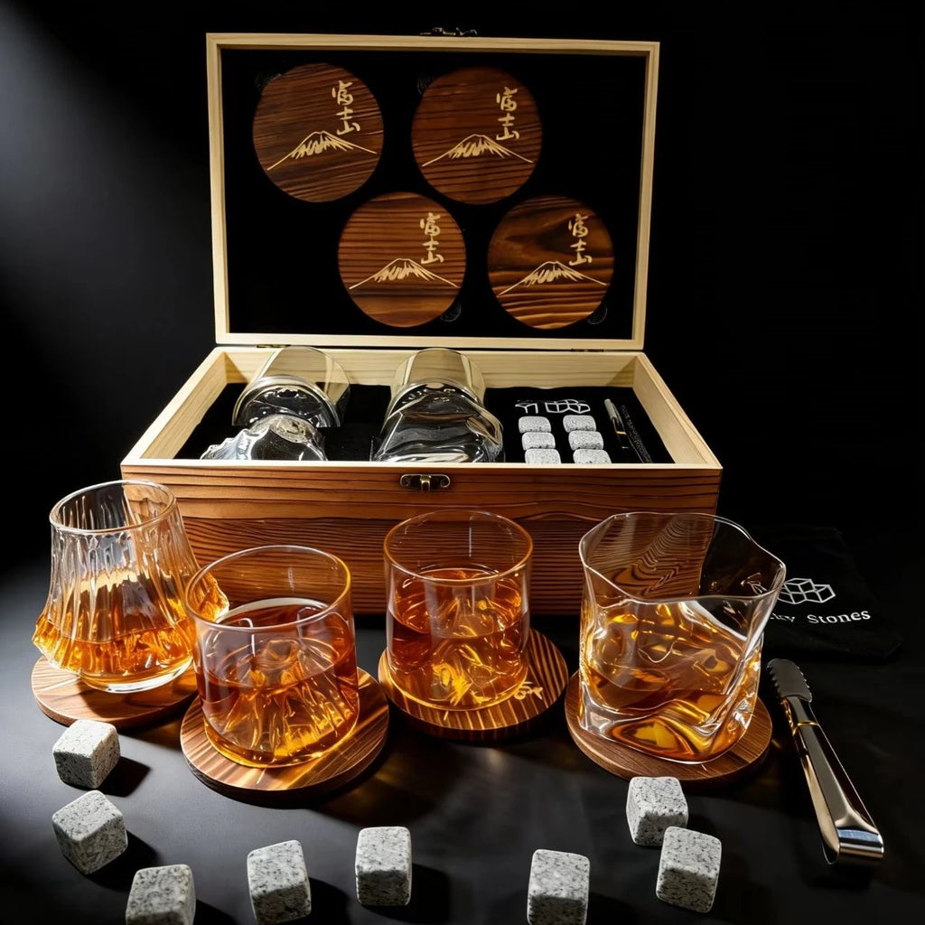 4 Different Designs Japanese Whiskey Cup Set Wine Glass Stone Ice Cube Wood Coaster Best Festival Gift Present For Dad Husband