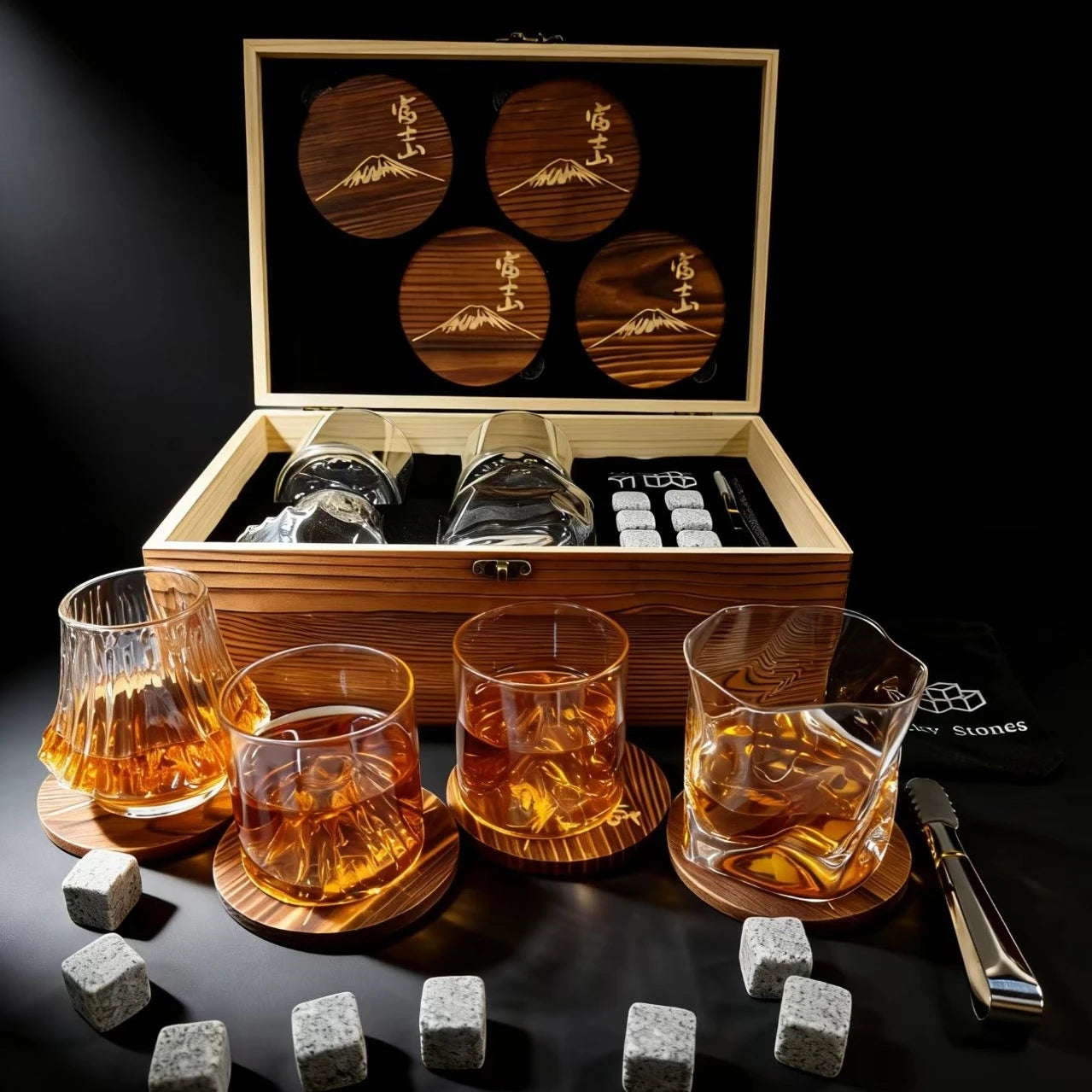 4 Different Designs Japanese Whiskey Cup Set Wine Glass Stone Ice Cube Wood Coaster Best Festival Gift Present For Dad Husband