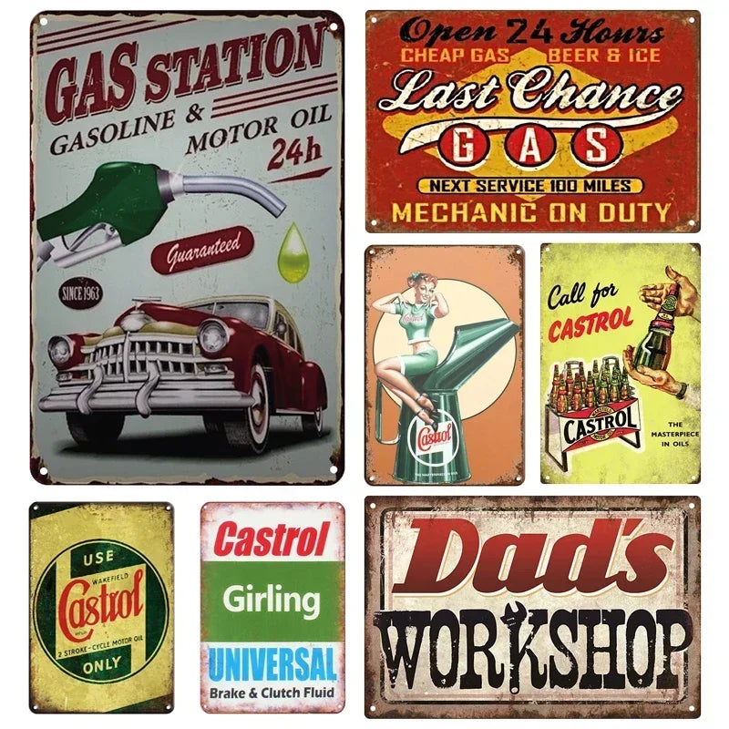 Tin Sign Vintage Garage Gas Station Decor Wall Plate Poster Motor Oil Gas Castrol Metal Signs Crafts Decoration Tinplate Plaques