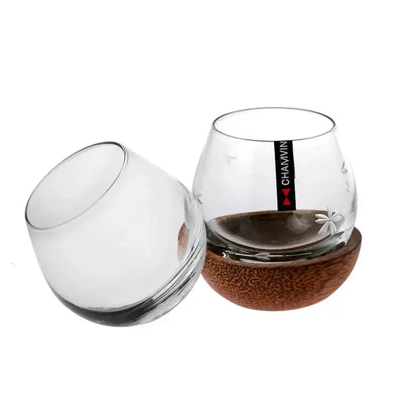 Slow Roll Spherical Whisky Rock Glass Match Wooden Pallet Roly-poly Design Taste Creative Brandy Snifters Whisky Tumbler Holder