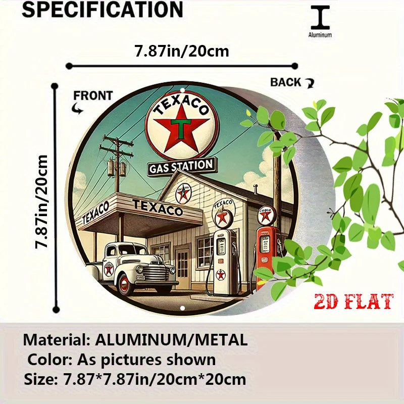 2D flat Texaco round aluminum sign, gas station round aluminum sign, wall decoration sign for home, garage, restaurant, and cafe