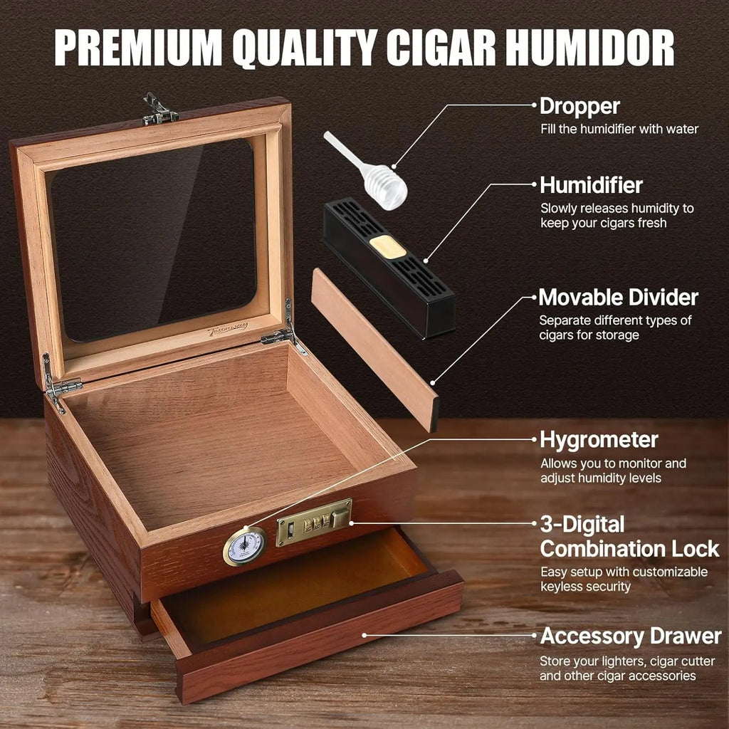 Cigar Humidor, Cedar Wood Cigar Box, Glass Top Desktop Humidor with Front Hygrometer, Humidifier, Divider, Drawer and Lock